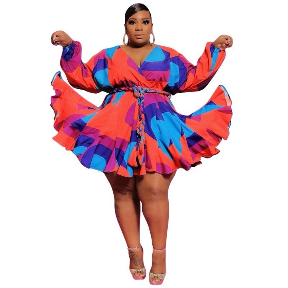 Women Plus Colorful V Neck Boho Geometric Pattern Swing Dress Size 2XL